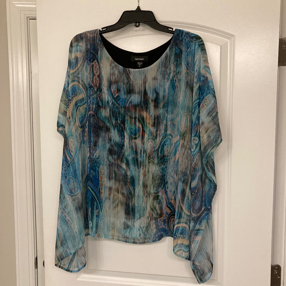 Karen Kane Blue Teal Printed Sheer Blouse